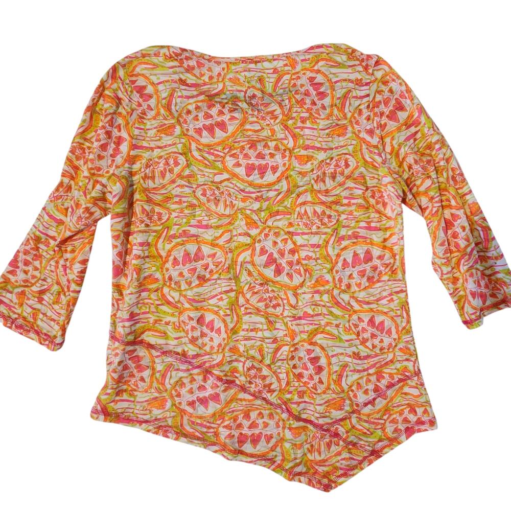 Lulu B Sea Turtle Shirt Top, Round Neck Asymmetrical, bright print, 3/4 sleeves